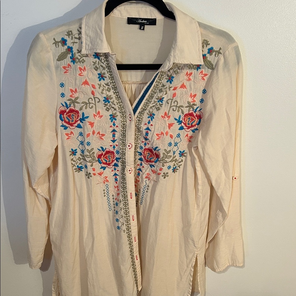 Andree Cream Floral Embroidered Button-Down Shirt